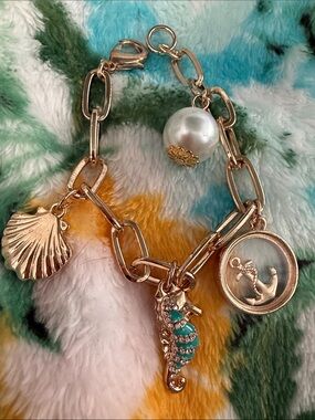 crown & ivy Gold-Tone Seahorse and Shell Charm Bracelet with Turquoise Accents